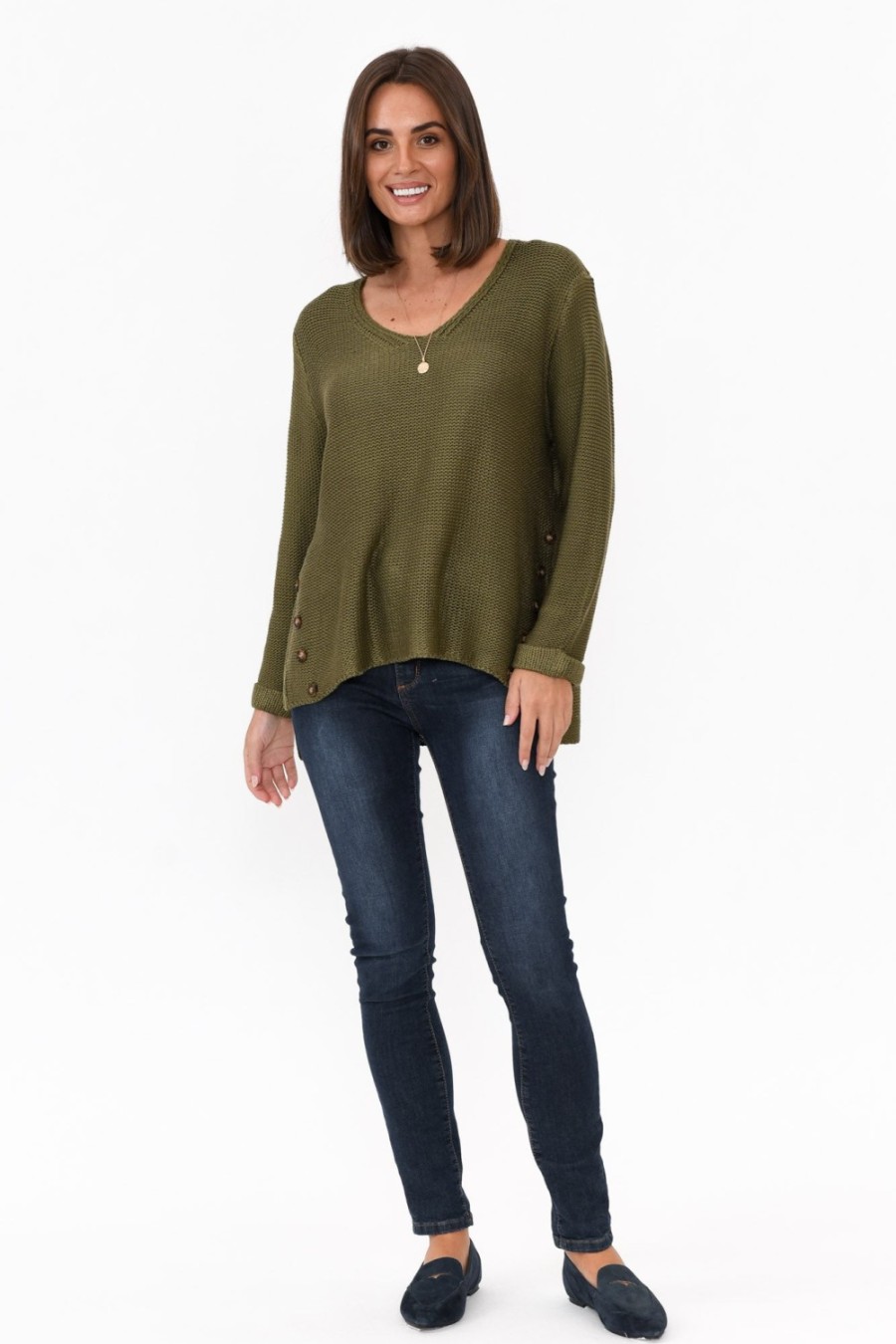 Clothing Willow Tree Cotton Tops | Stanley Olive Knit Button Jumper