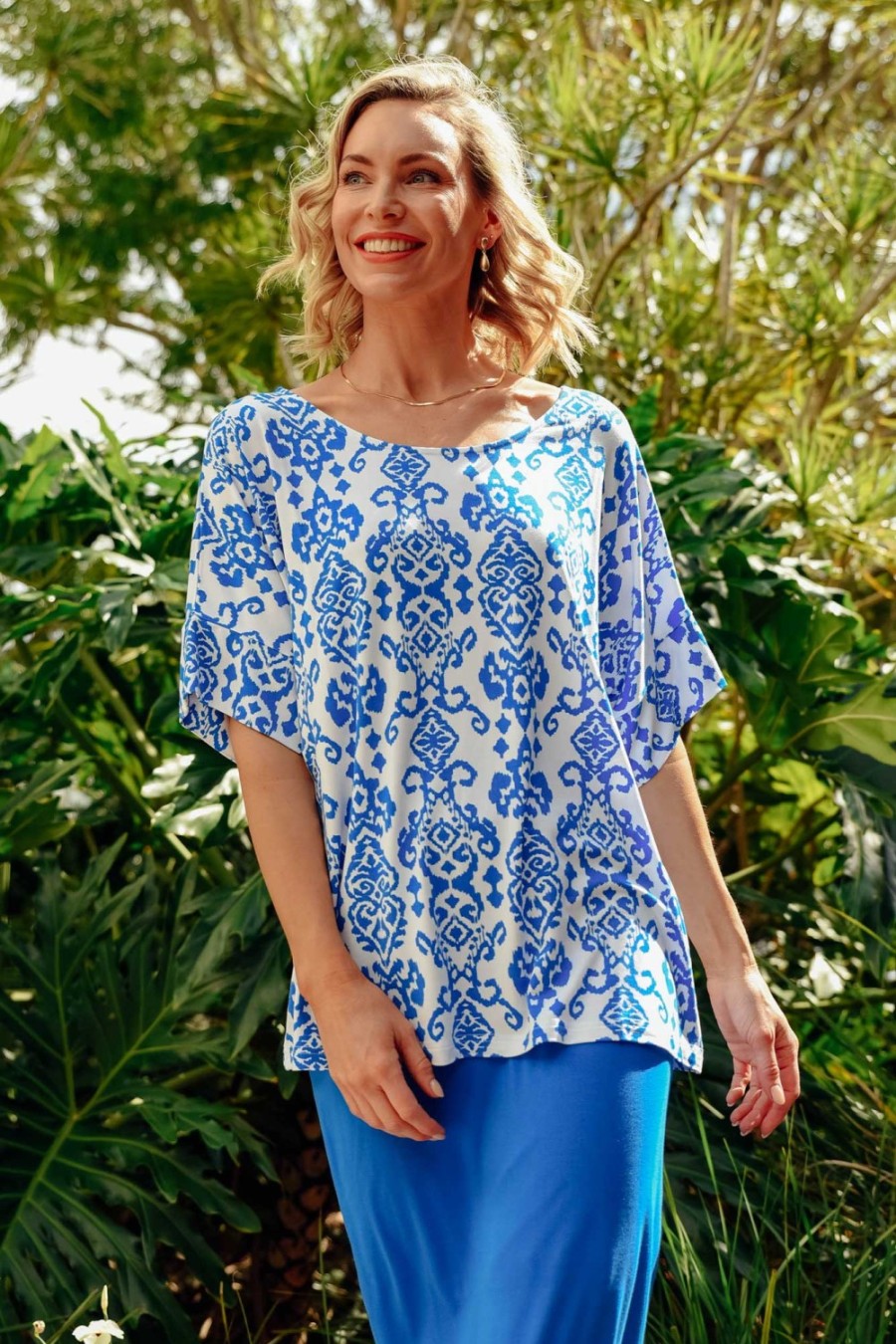 Clothing Lou Lou Sleeved Tops | Demi Blue Ikat Bamboo Tee