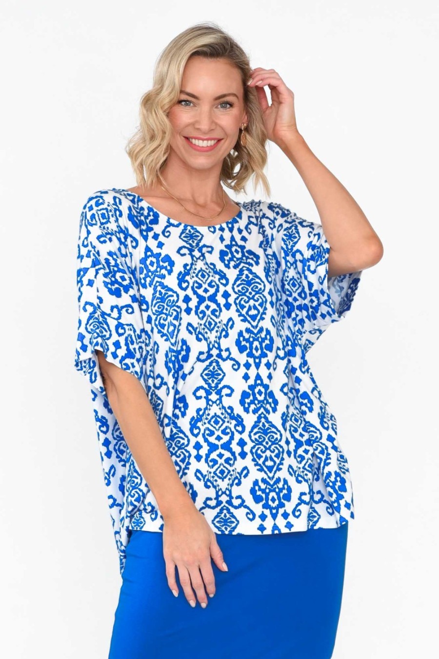 Clothing Lou Lou Sleeved Tops | Demi Blue Ikat Bamboo Tee