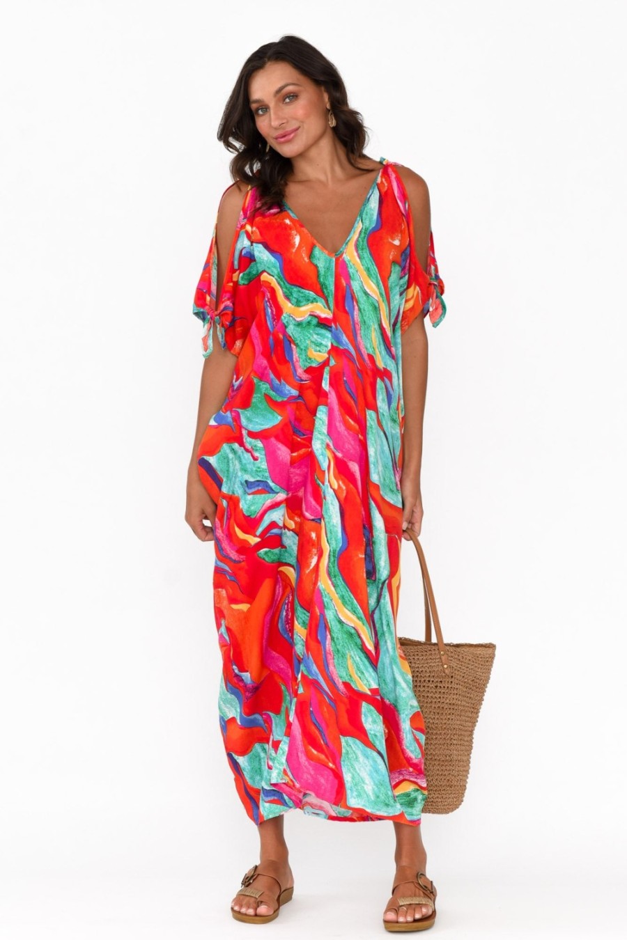 Clothing Hourglass Midi Dresses | Carla Pink Marble Cold Shoulder Kaftan