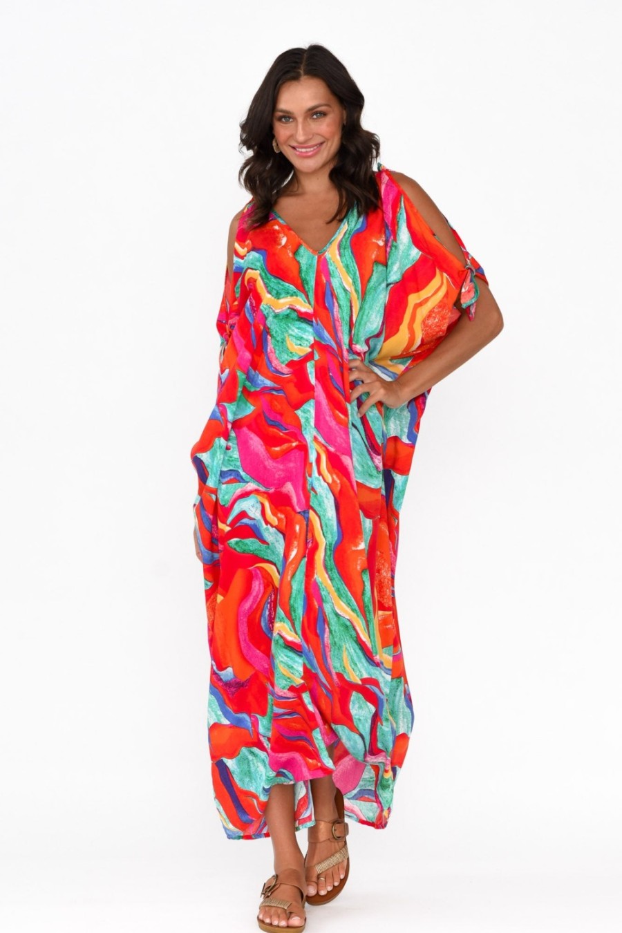 Clothing Hourglass Midi Dresses | Carla Pink Marble Cold Shoulder Kaftan