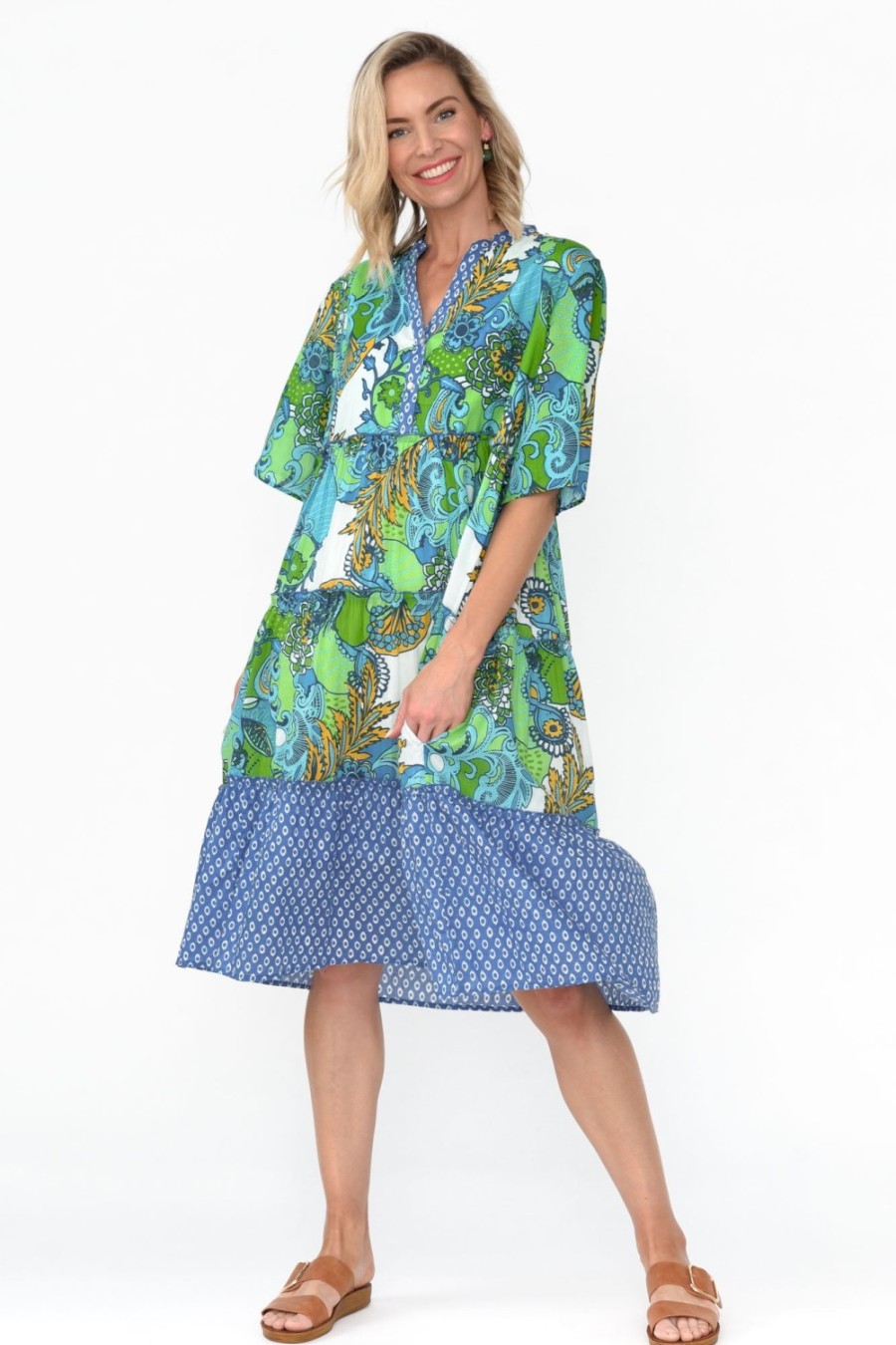 Clothing Mozaic Below Knee Dresses | Castaway Green Paisley Cotton Dress