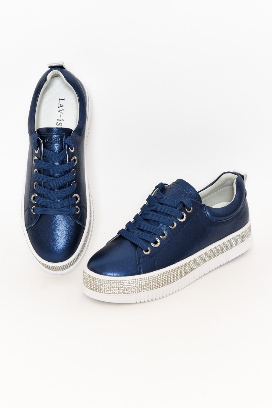 Shoes Lav-ish Leather Sneakers | Lange Navy Leather Diamante Sneaker