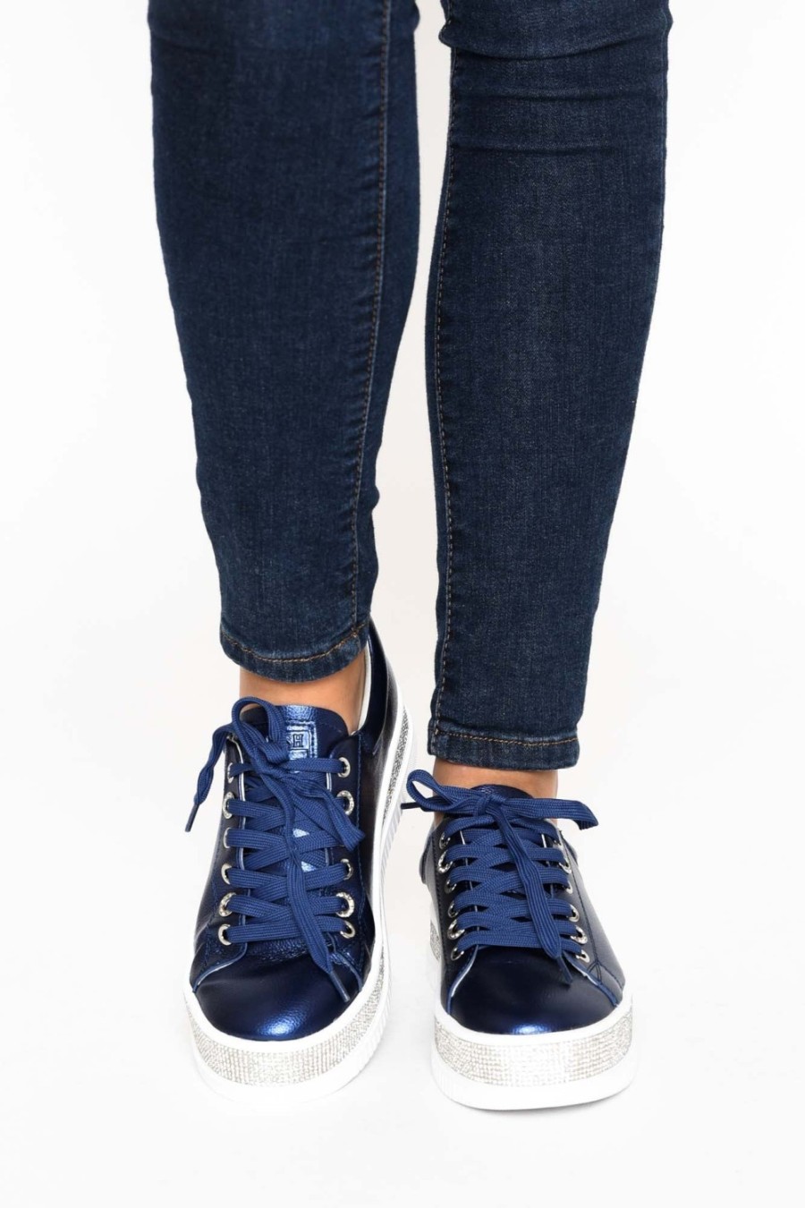 Shoes Lav-ish Leather Sneakers | Lange Navy Leather Diamante Sneaker