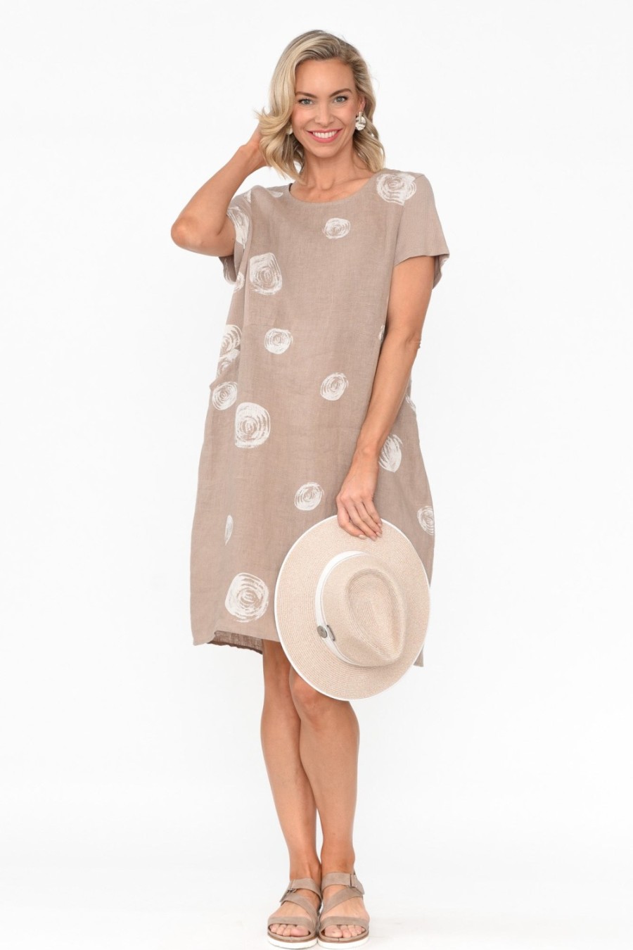 Clothing Cali and Co Linen Dresses | Sawyer Beige Spot Linen Pocket Dress