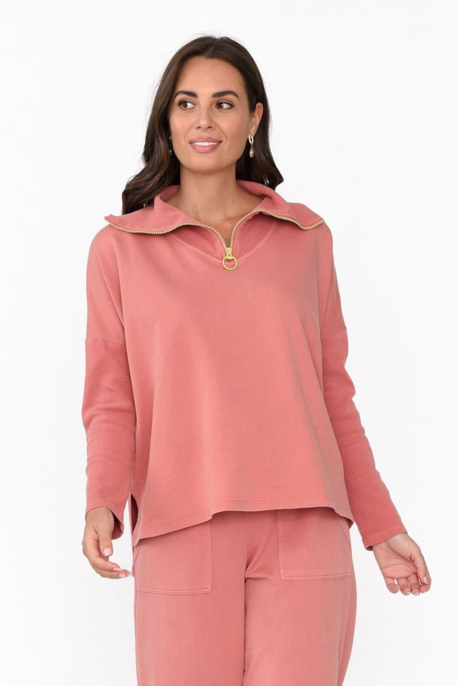 Clothing One Ten Willow Cotton Tops | Malak Blush Half Zip Jumper