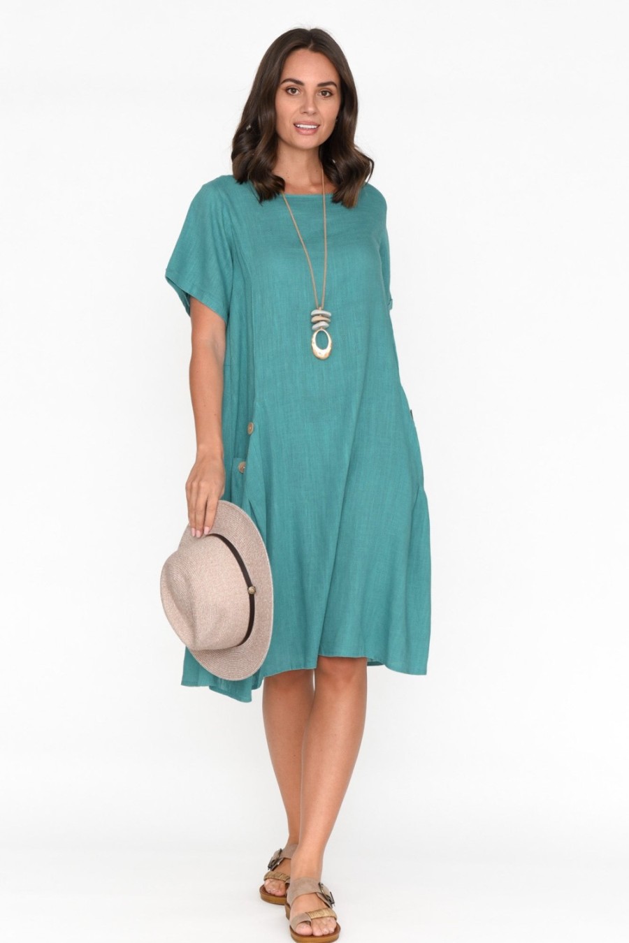 Clothing Ruby Rain Linen Dresses | Tyreke Teal Linen Cotton Pocket Dress