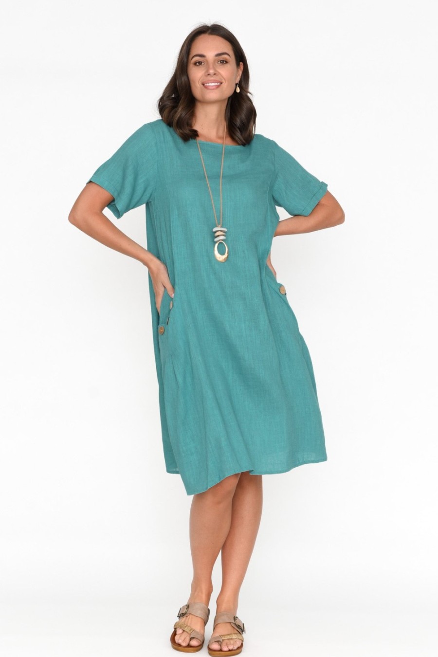 Clothing Ruby Rain Linen Dresses | Tyreke Teal Linen Cotton Pocket Dress