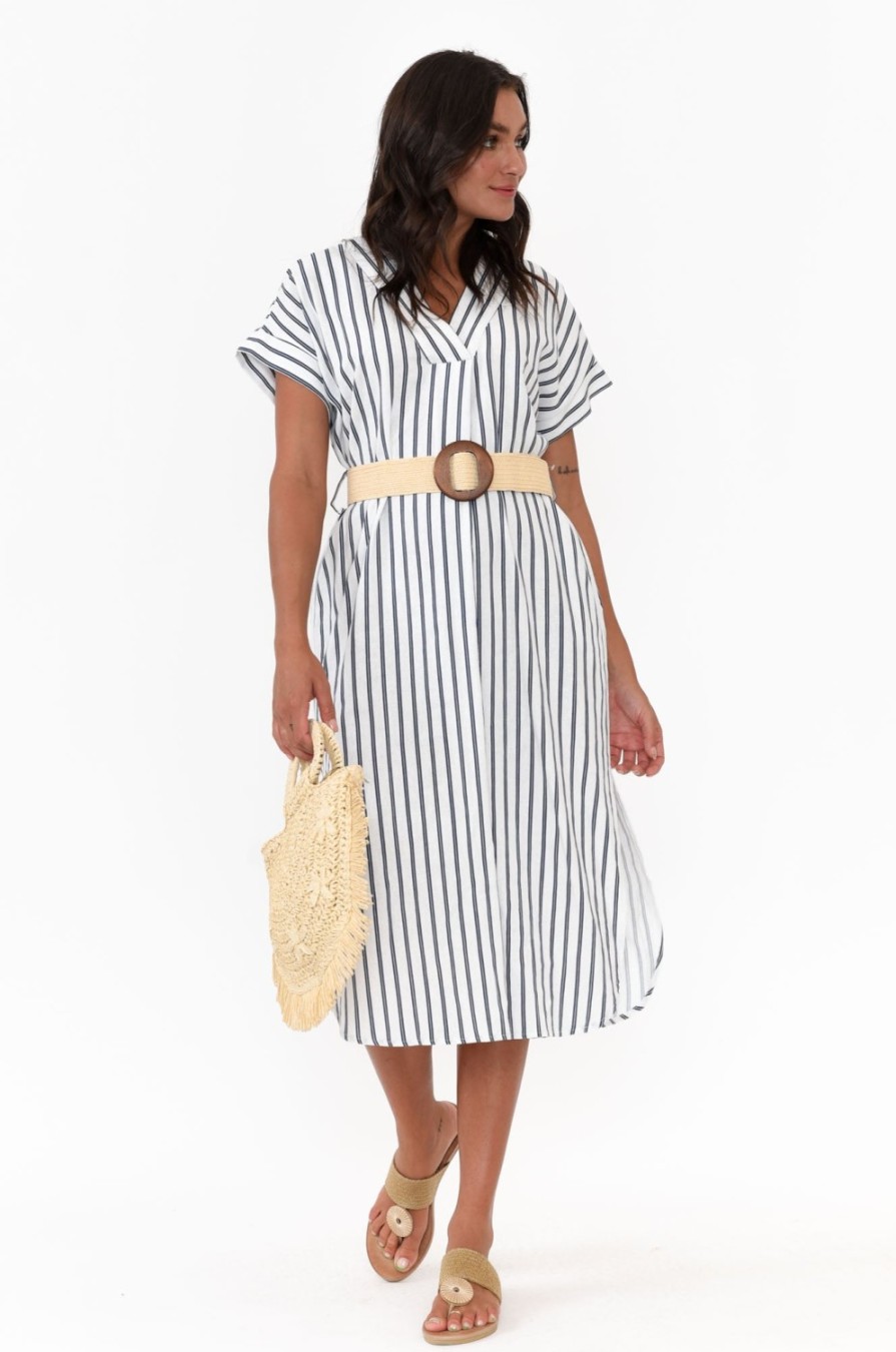 Clothing Betty Basics Linen Dresses | Roma Blue Stripe Linen Dress