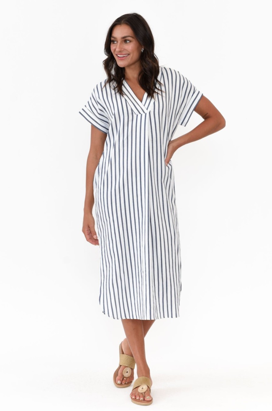 Clothing Betty Basics Linen Dresses | Roma Blue Stripe Linen Dress