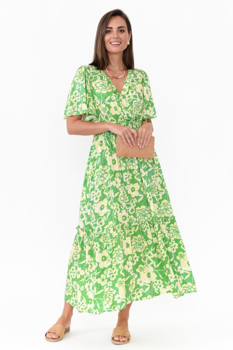 Clothing Isabella Boho Maxi Dresses | Celia Green Floral V Neck Dress