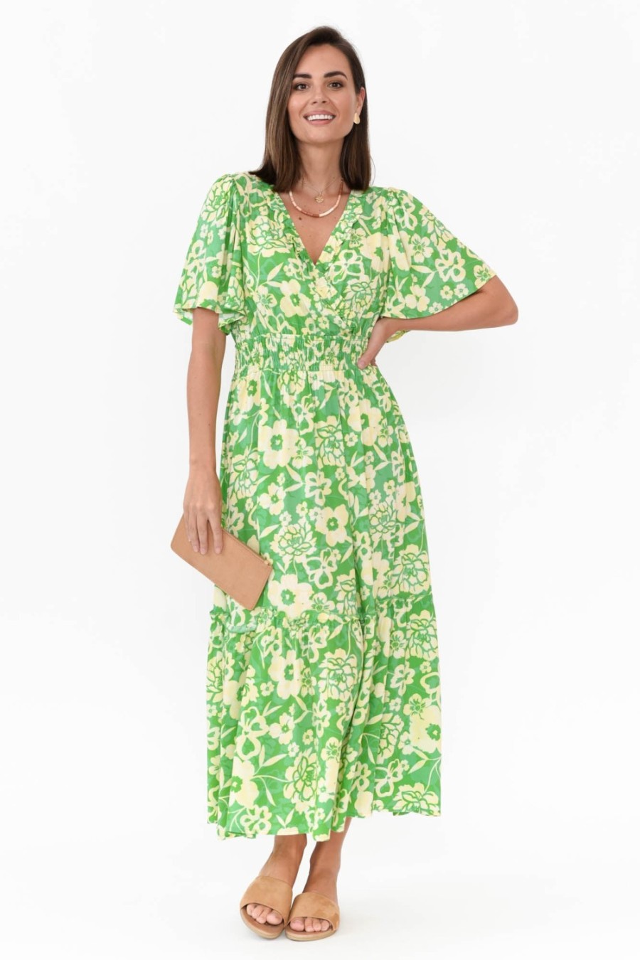 Clothing Isabella Boho Maxi Dresses | Celia Green Floral V Neck Dress