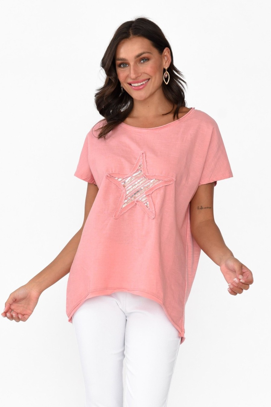 Clothing Cali and Co Linen Tops | Kassidy Pink Star Sequin Tee