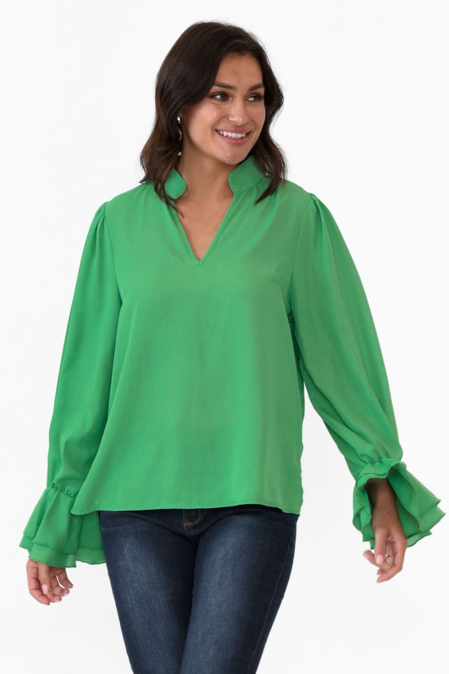 Clothing 365 Days Sleeved Tops | Martini Green Ruffle Sleeve Top