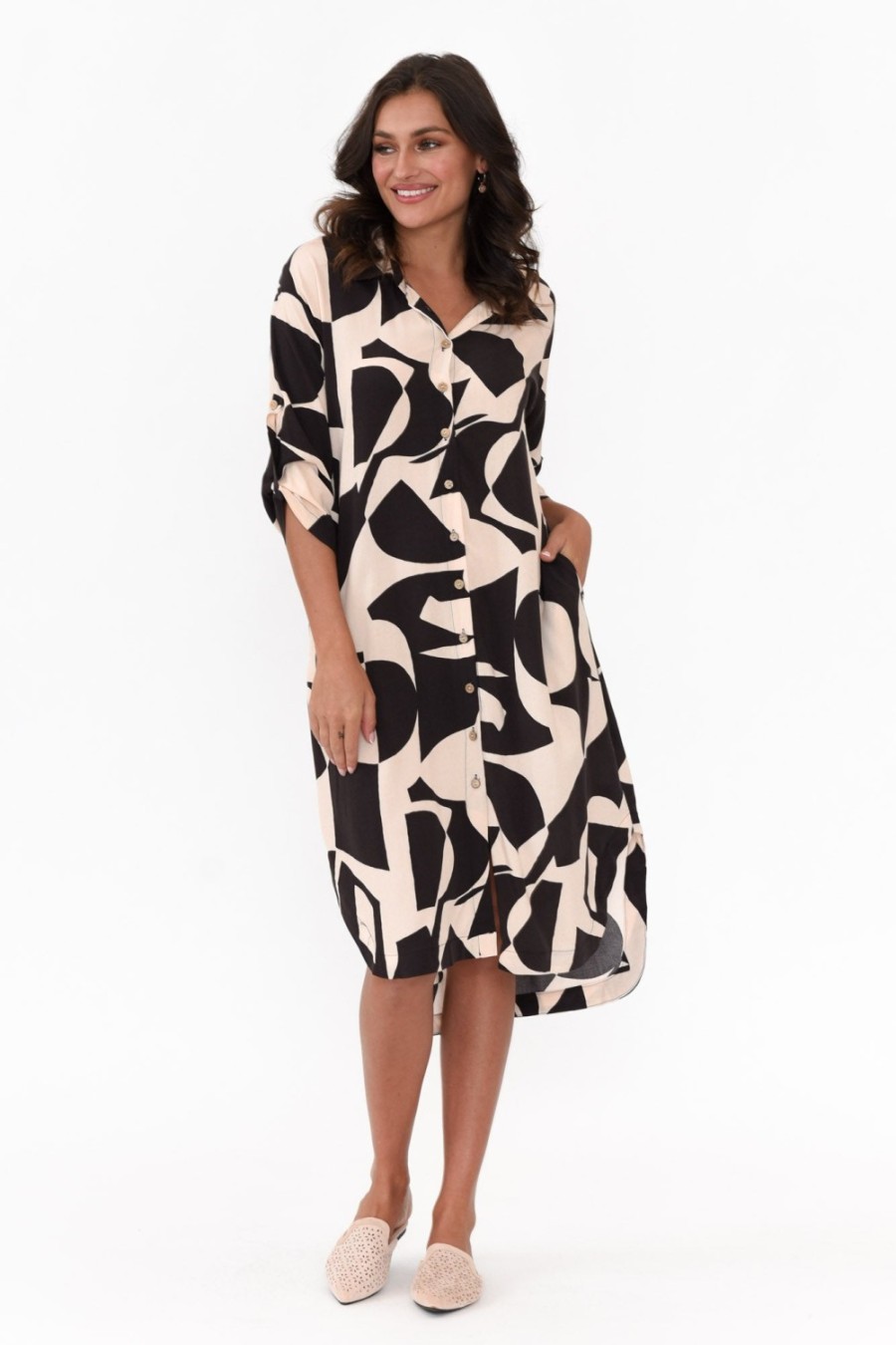 Clothing New U Collection Below Knee Dresses | Graham Black Abstract Shirt Dress