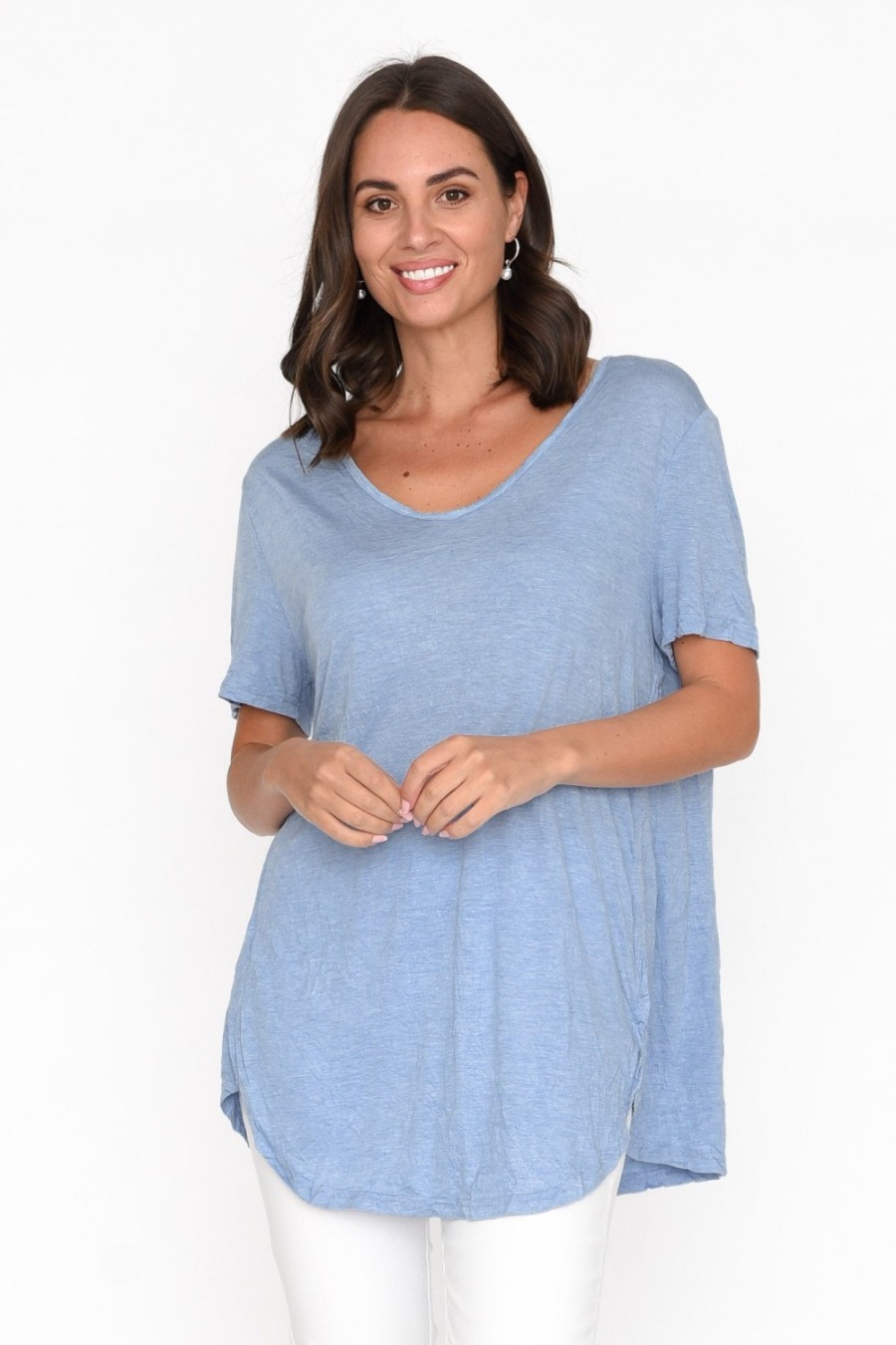 Clothing Cotton Village Cotton Tops | Moira Blue Crinkle Cotton Tee