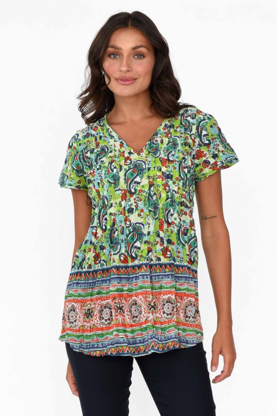 Clothing One Summer Cotton Tops | Fia Green Paisley Cotton Top