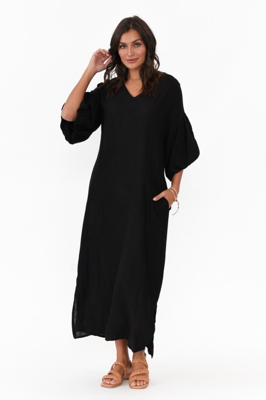 Clothing La Strada Linen Dresses | Zava Black Linen Blend Maxi Dress