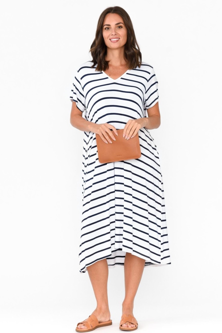 Clothing PQ Midi Dresses | Tiffany White Stripe Bamboo Tee Dress