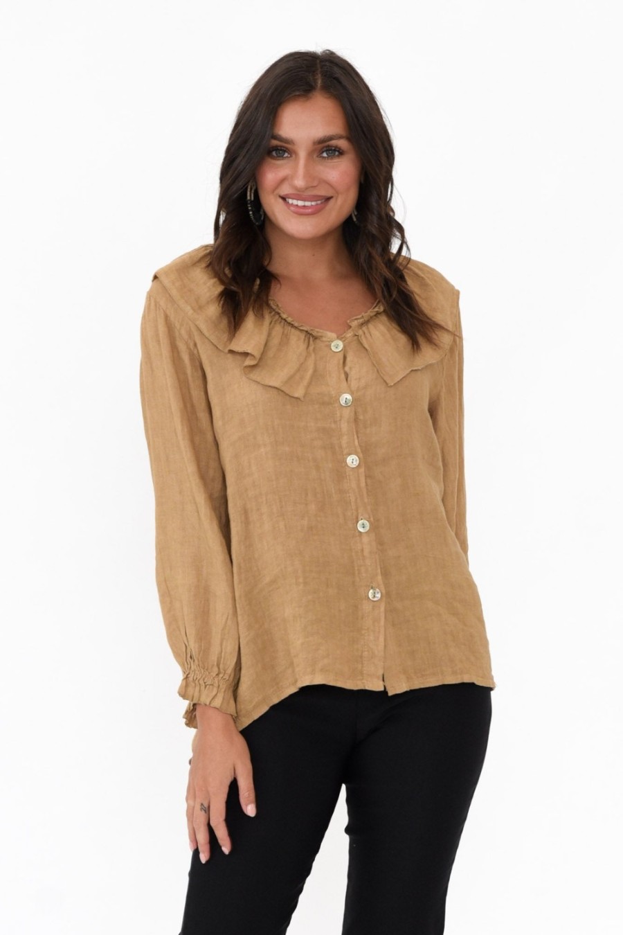 Clothing Fabuler Linen Tops | Sullivan Tan Linen Frill Top