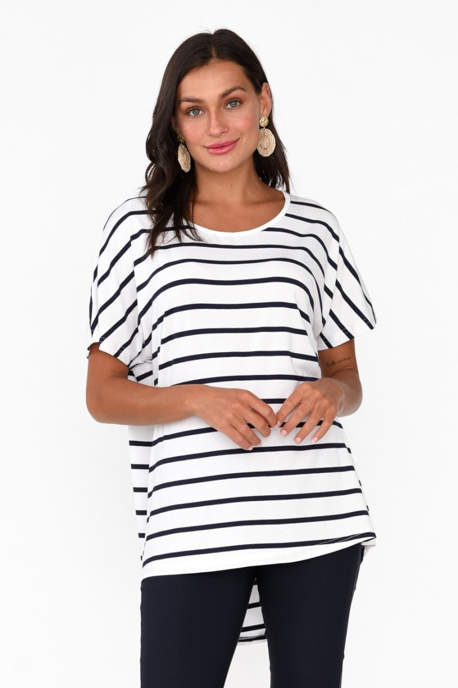 Clothing Pq Sleeved Tops | Danya White Stripe Bamboo Top