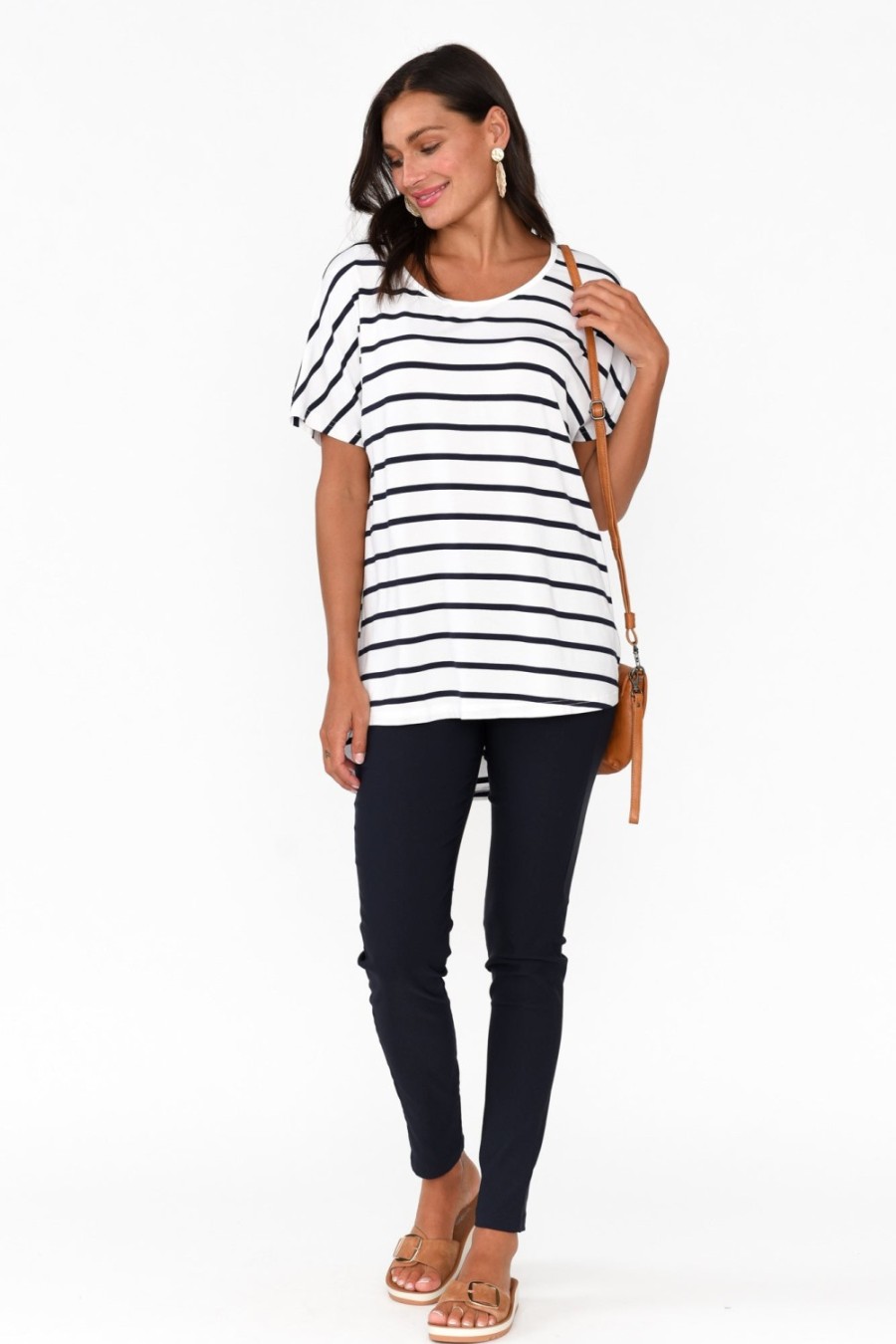 Clothing Pq Sleeved Tops | Danya White Stripe Bamboo Top