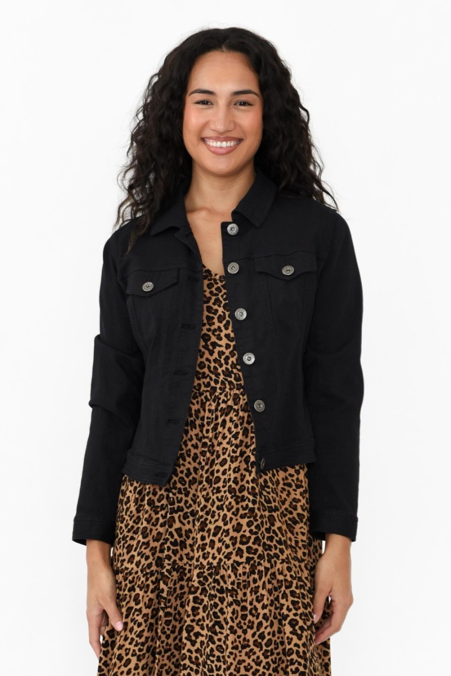 Clothing Cafe Latte Jackets | Danielle Black Stretch Jean Jacket