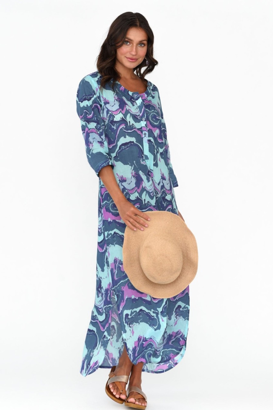 Clothing One Summer Cotton Dresses | Apia Blue Swirl Cotton Maxi Dress