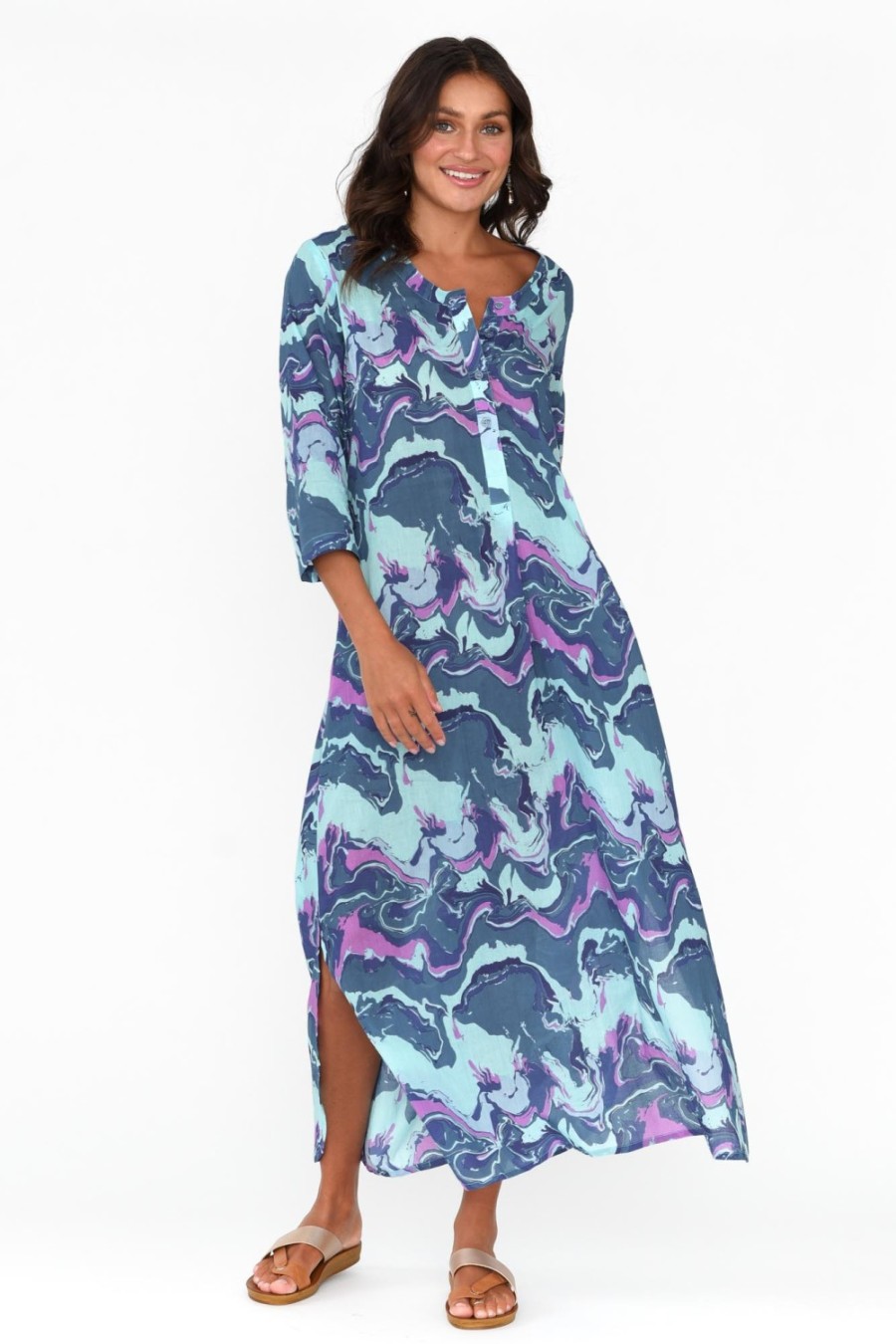 Clothing One Summer Cotton Dresses | Apia Blue Swirl Cotton Maxi Dress