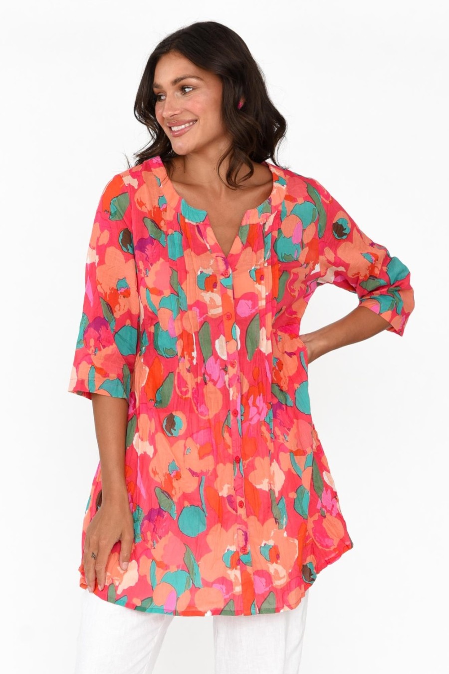 Clothing One Summer Cotton Tops | Indra Pink Blossom Cotton Tunic Top