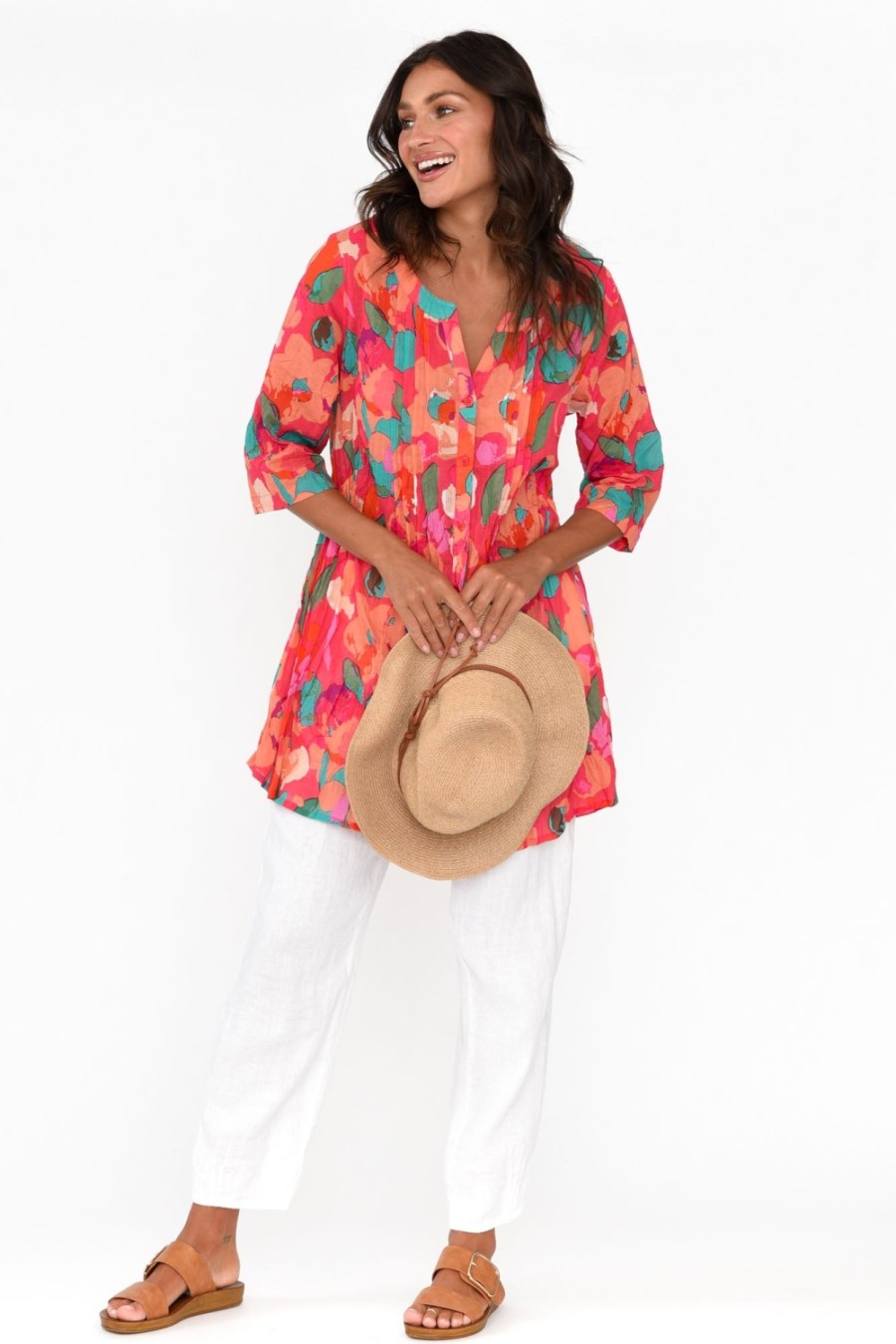 Clothing One Summer Cotton Tops | Indra Pink Blossom Cotton Tunic Top