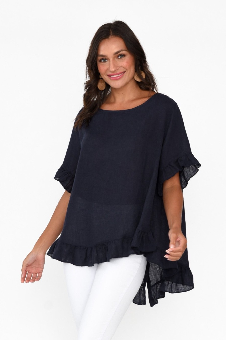 Clothing Cali and Co Linen Tops | Genevieve Navy Linen Frill Top