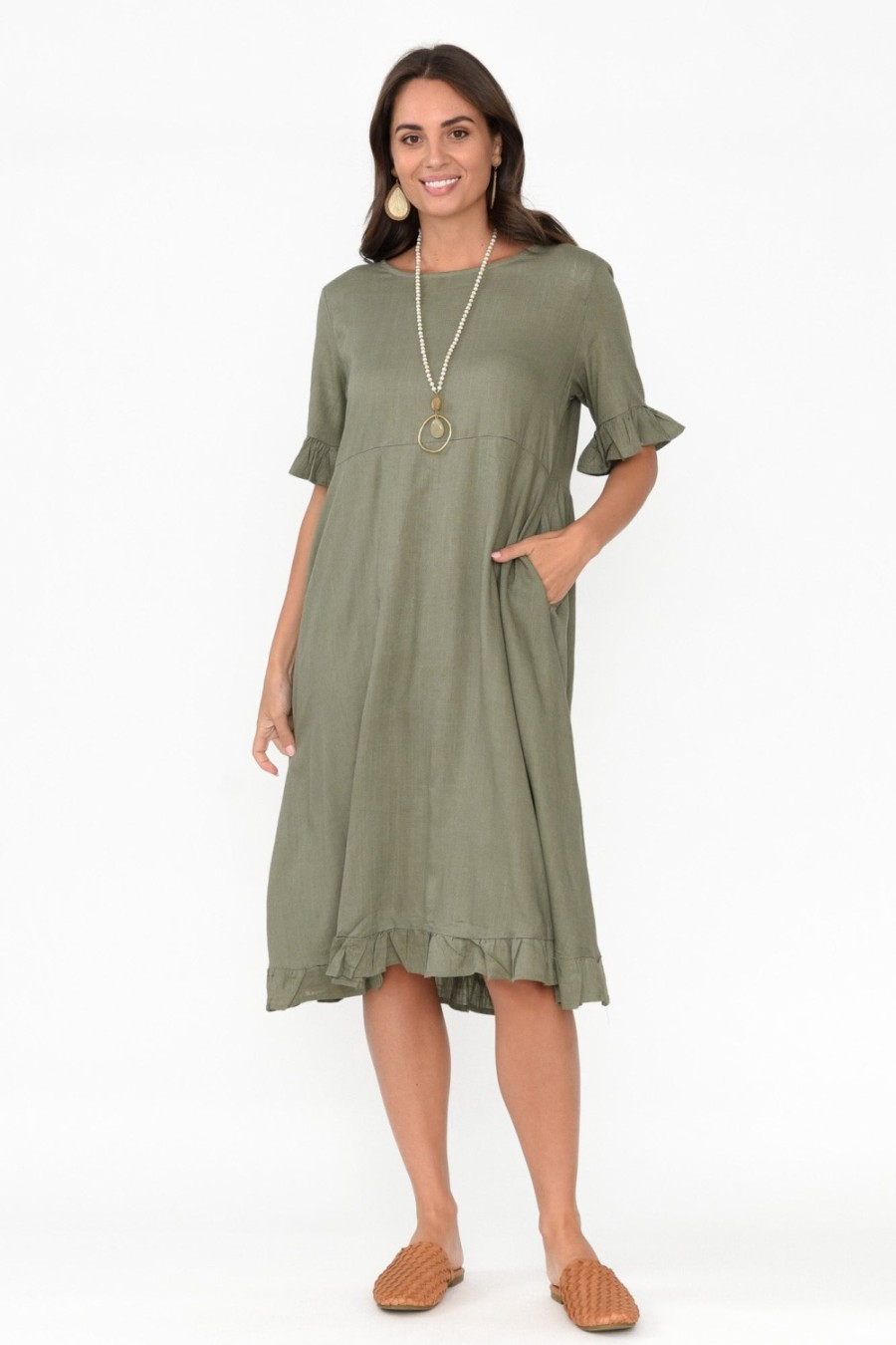 Clothing Ruby Rain Above Knee Dresses | Tamsen Khaki Linen Cotton Ruffle Dress