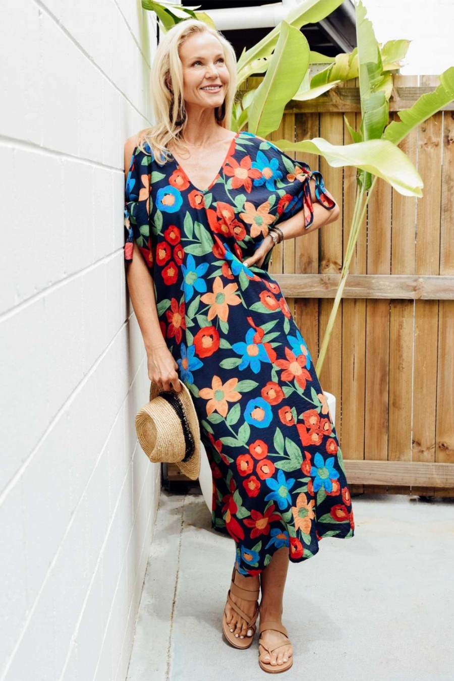 Clothing New U Collection Midi Dresses | Christine Navy Floral Cold Shoulder Kaftan