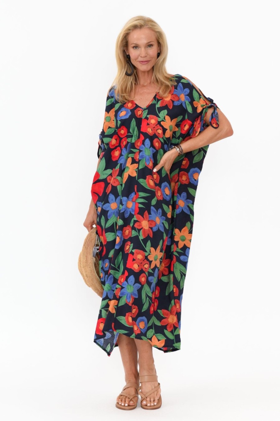 Clothing New U Collection Midi Dresses | Christine Navy Floral Cold Shoulder Kaftan