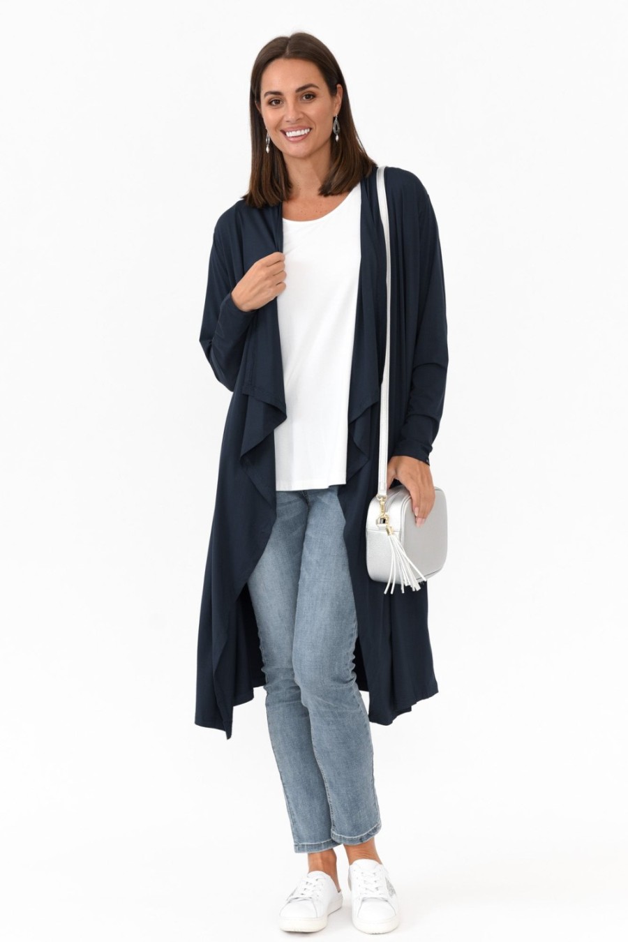 Clothing PQ Cardigans | Leanna Navy Bamboo Waterfall Cardigan