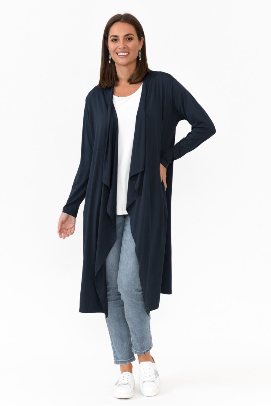 Clothing PQ Cardigans | Leanna Navy Bamboo Waterfall Cardigan