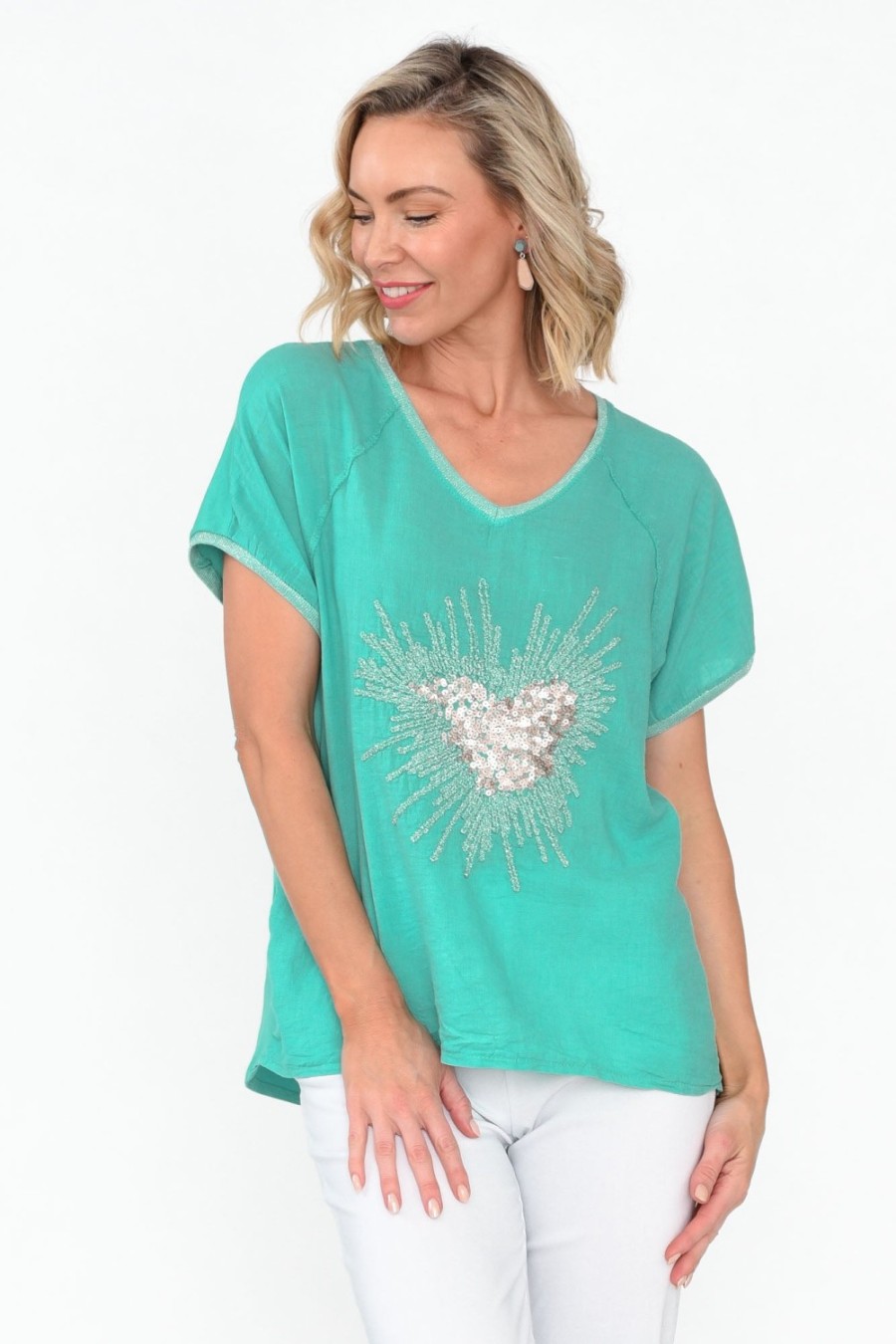 Clothing Fabuler Linen Tops | Candela Blue Sequin Heart Linen Top