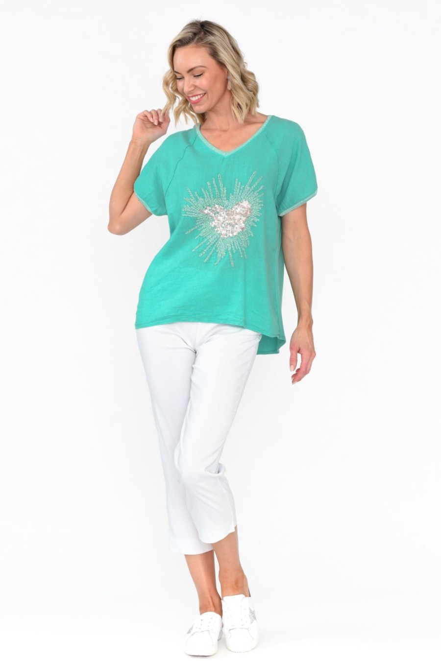 Clothing Fabuler Linen Tops | Candela Blue Sequin Heart Linen Top