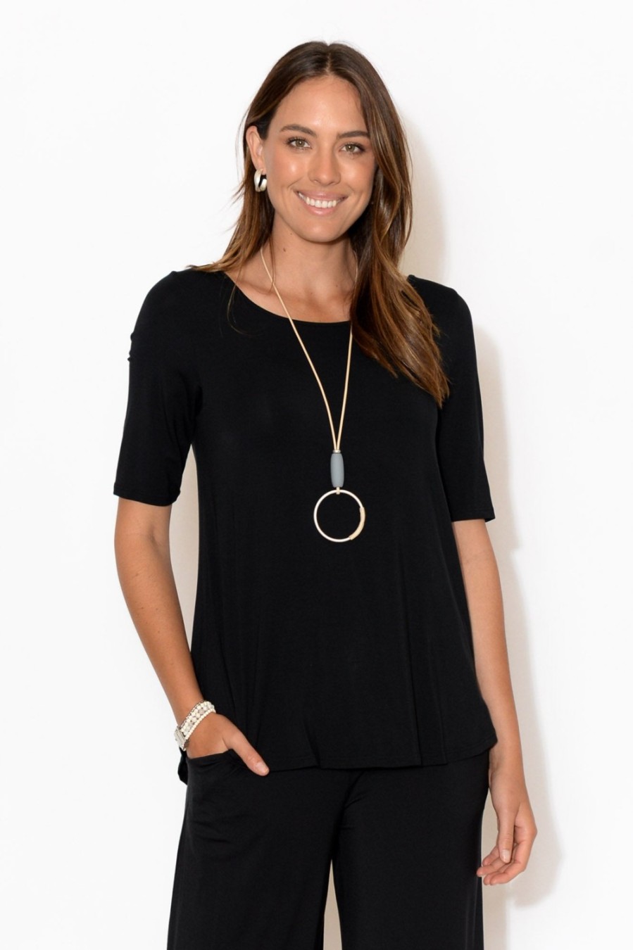 Clothing Tani Sleeved Tops | Black Half Sleeve Micro Modal Top