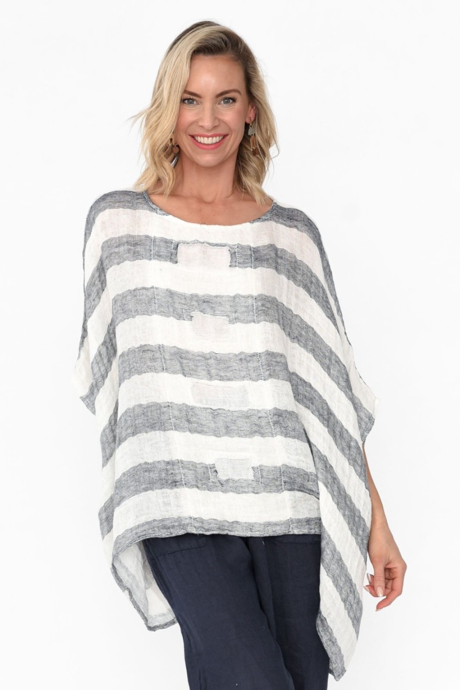 Clothing Imagine Sleeved Tops | Moxie Navy Stripe Linen Top