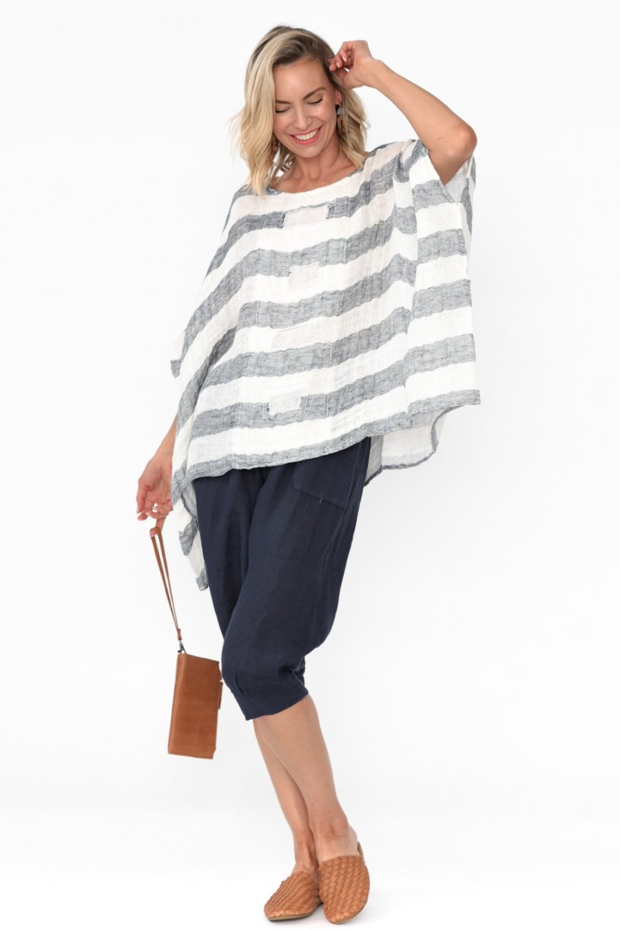 Clothing Imagine Sleeved Tops | Moxie Navy Stripe Linen Top