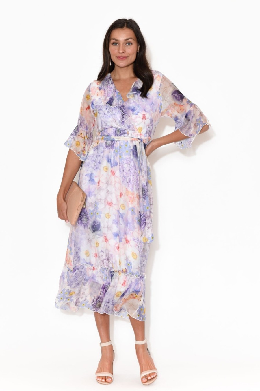 Clothing La Strada Midi Dresses | Charlotte White Hydrangea Silk Tie Dress