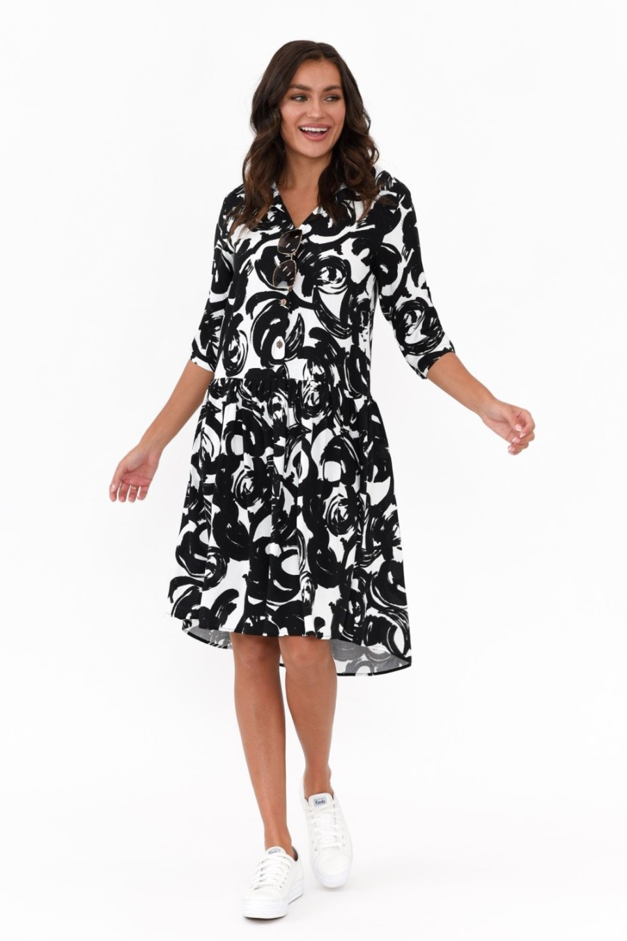 Clothing New U Collection Above Knee Dresses | Surrey Black Swirl Shirt Dress