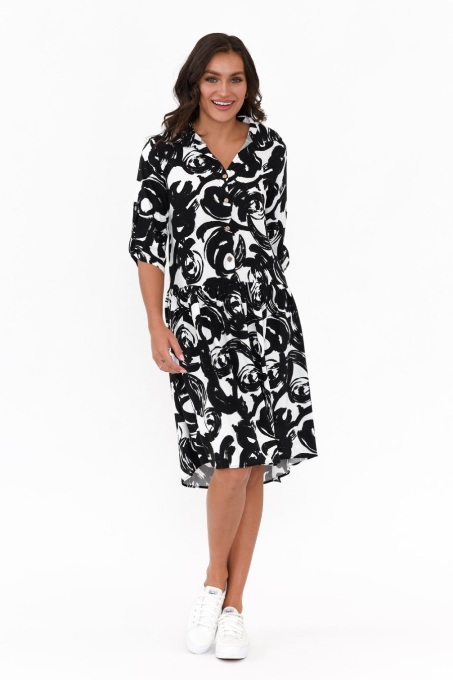 Clothing New U Collection Above Knee Dresses | Surrey Black Swirl Shirt Dress