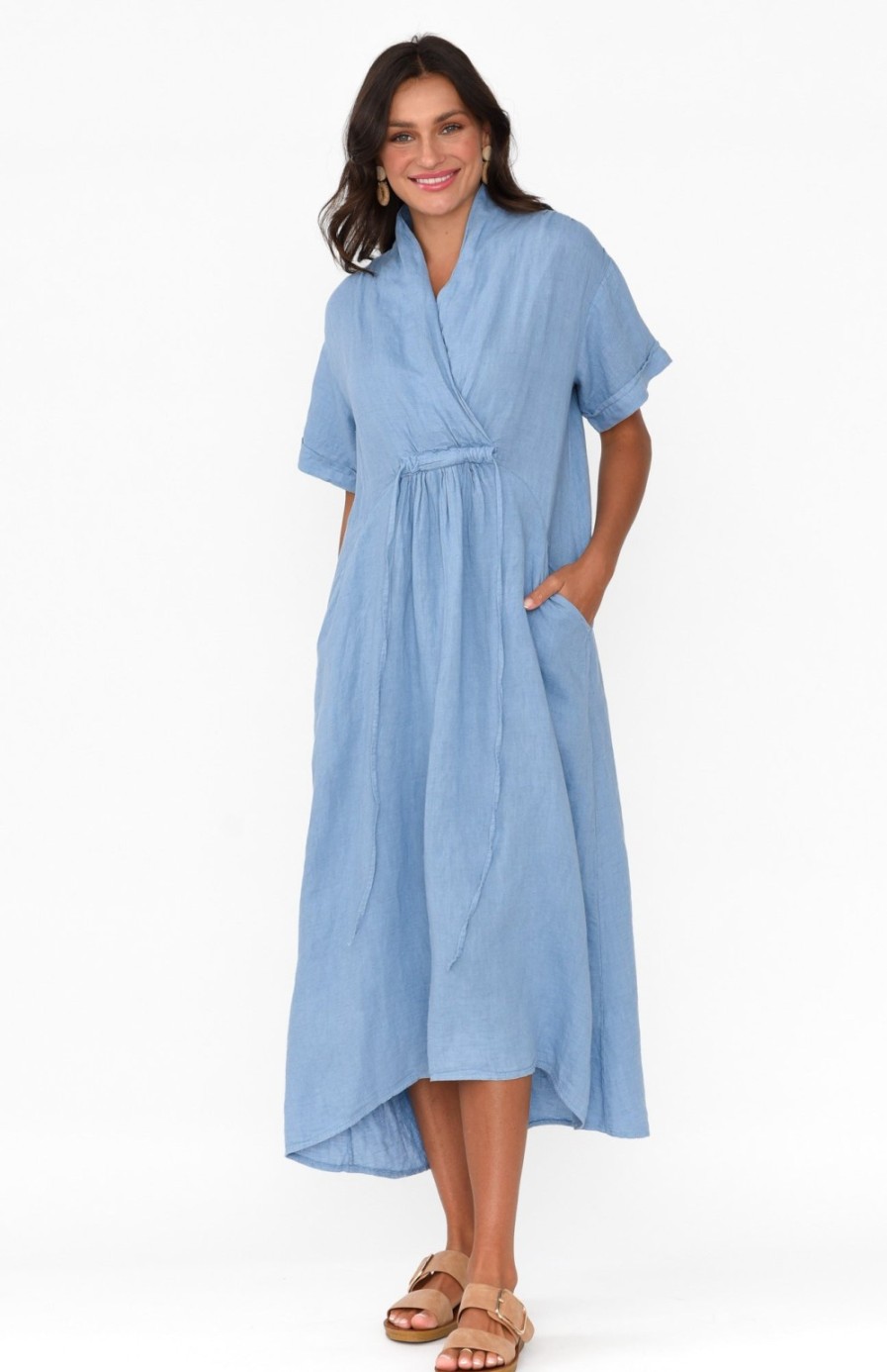 Clothing La Strada Linen Dresses | Madge Blue Linen Pocket Dress