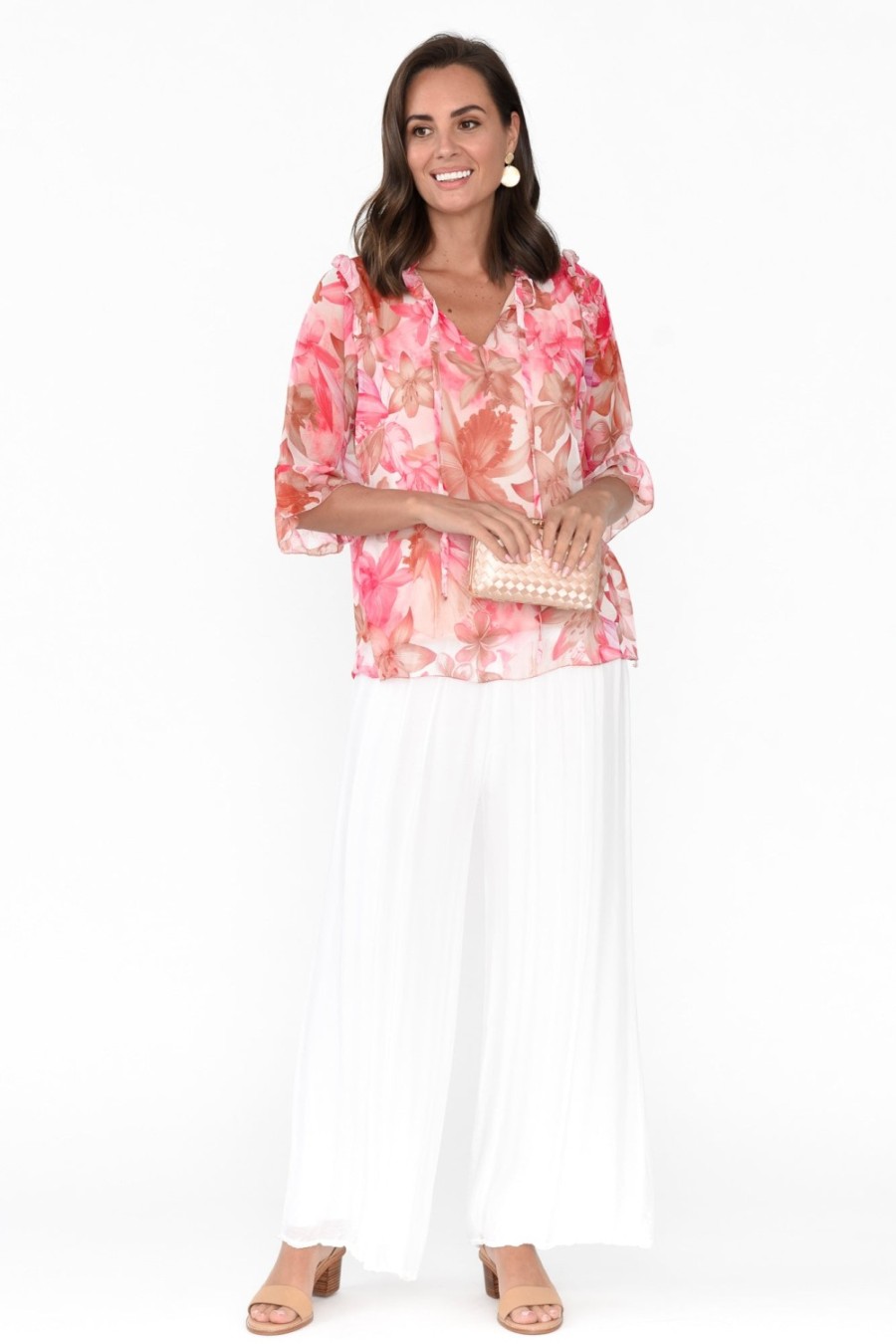 Clothing L'amore Sleeved Tops | Katrine Peach Hibiscus Ruffle Top