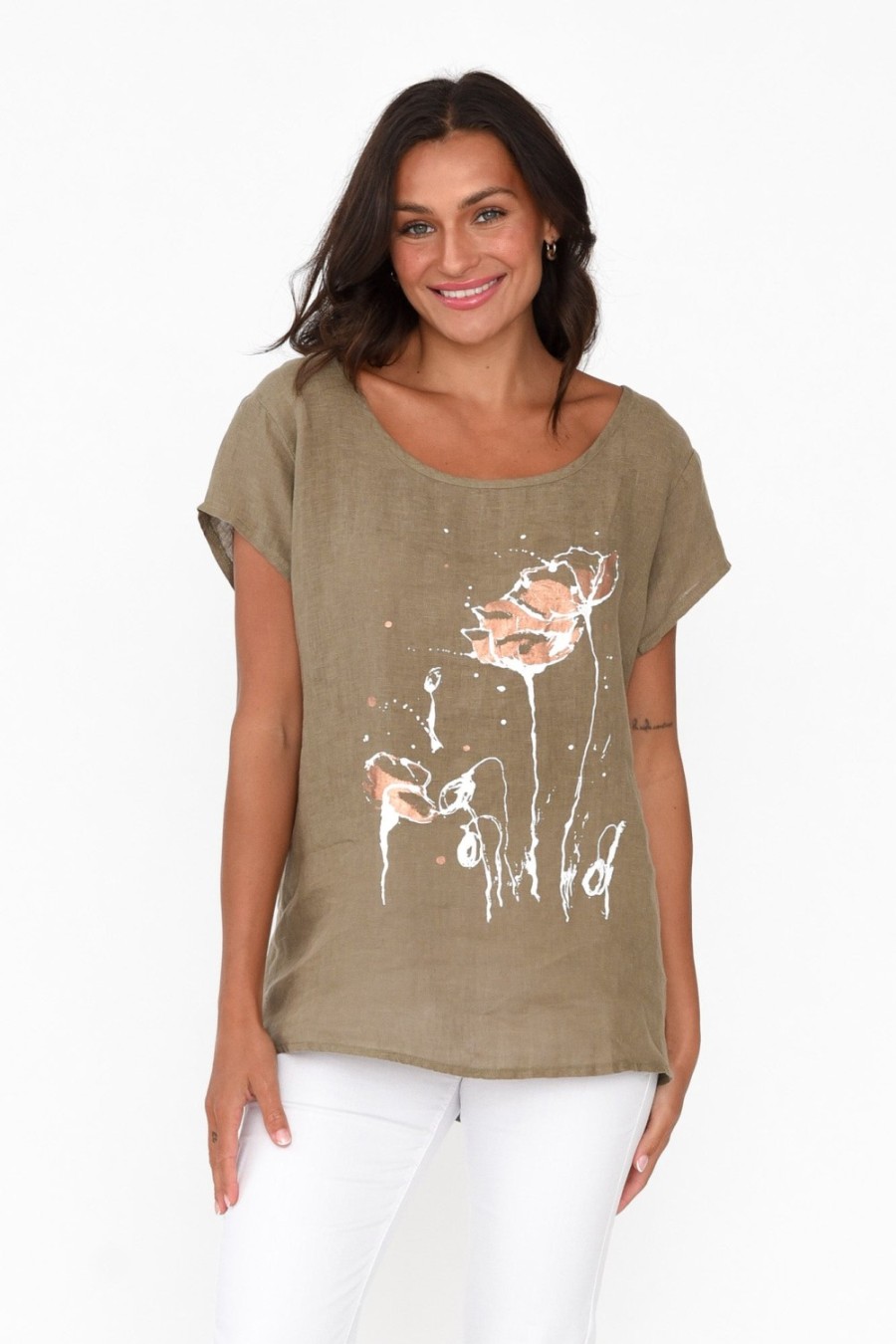 Clothing Cali and Co Linen Tops | Hiromi Khaki Foil Flower Linen Top