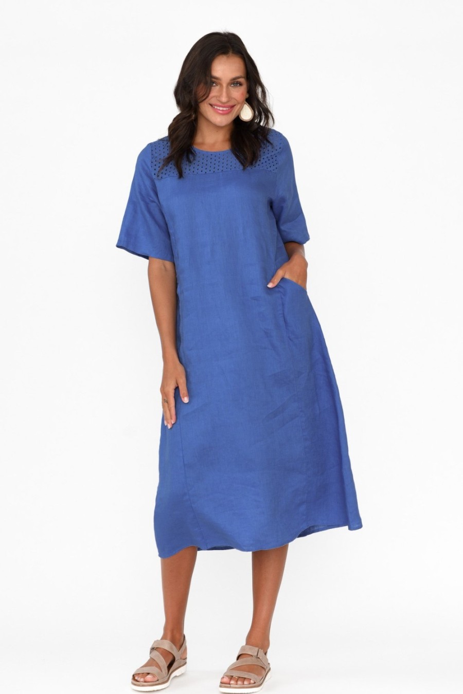 Clothing Cali and Co Linen Dresses | Lettice Cobalt Broderie Linen Dress