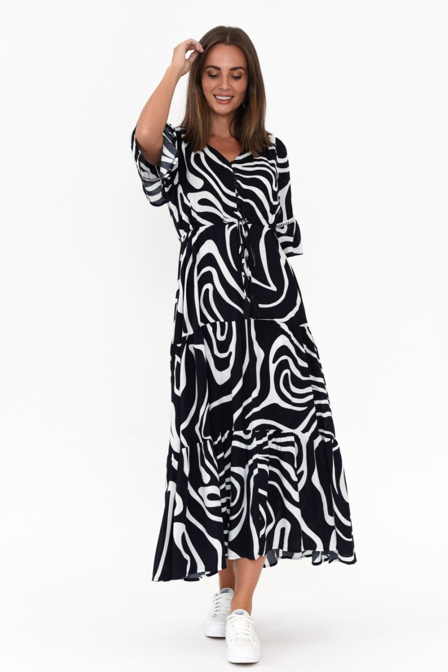 Clothing Willow Tree Maxi Dresses | Lima Navy Swirl Button Tier Dress